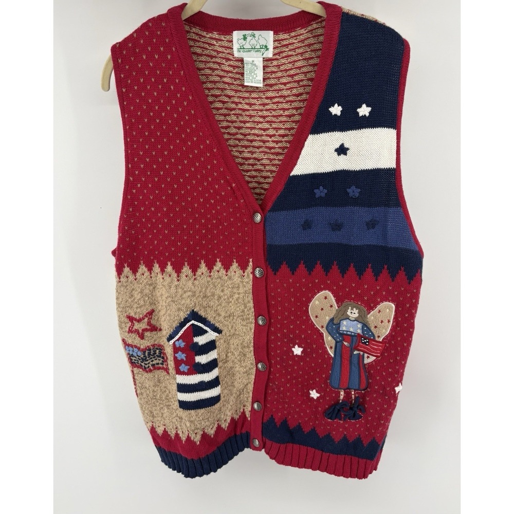 The Quacker Factory Sweater Vest Womens Red Patriotic Angel Flag Knit USA Sz 1X